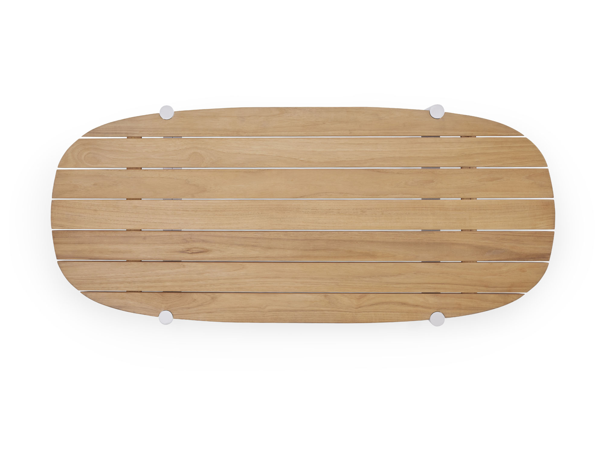 Overhead view of oval wood outdoor coffee table with white legs